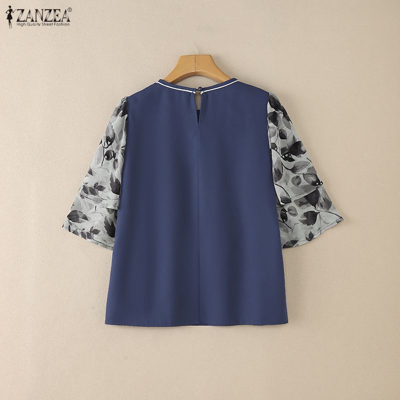 ZANZEA Damen Lässige Rundhals 3/4 Ärmel Locker Patchwork Bluse