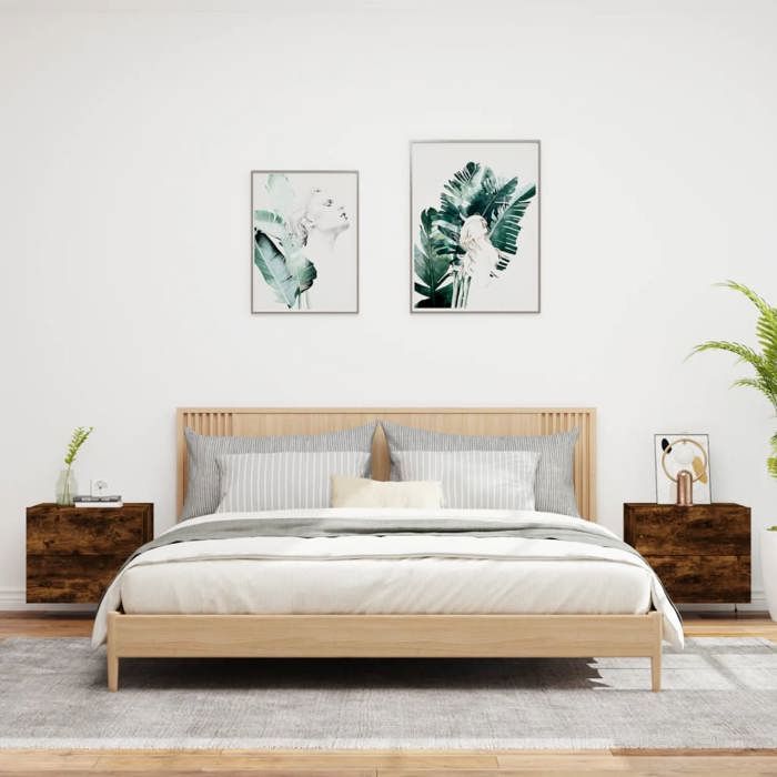 VidaXL Tables de Chevet Murales avec Lumières LED 2 pcs, Armoires de Nuit, Tables de Nuit Chambre, Moderne, Chêne Fumé Bois 836821