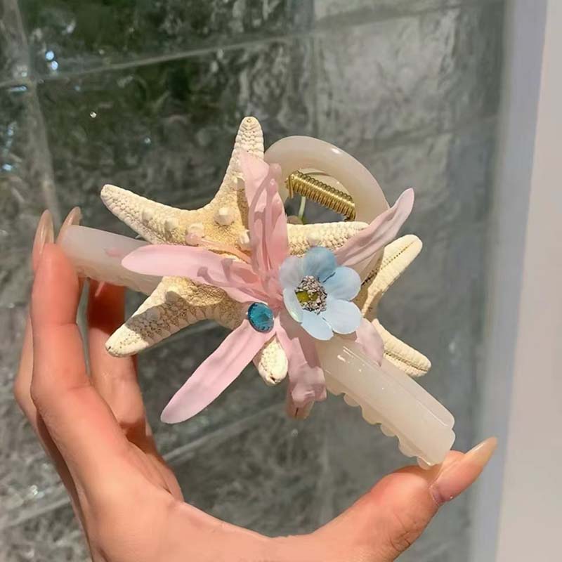 New Korean Blue Ocean Starfish Shell Flower Hair Claw Hairpins For Women Cute Big Flower Hair Clip Beach Hair Accessories