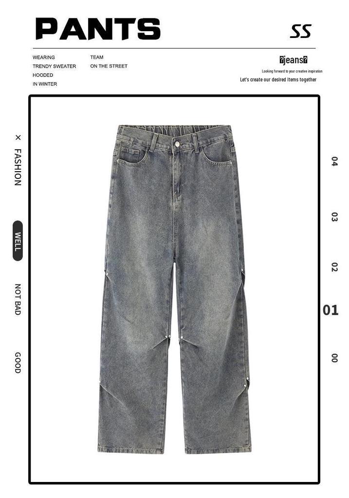 Yadu Unisex Retro Hong Kong Style Washed Denim Pants - Loose Straight Leg Casual Pants