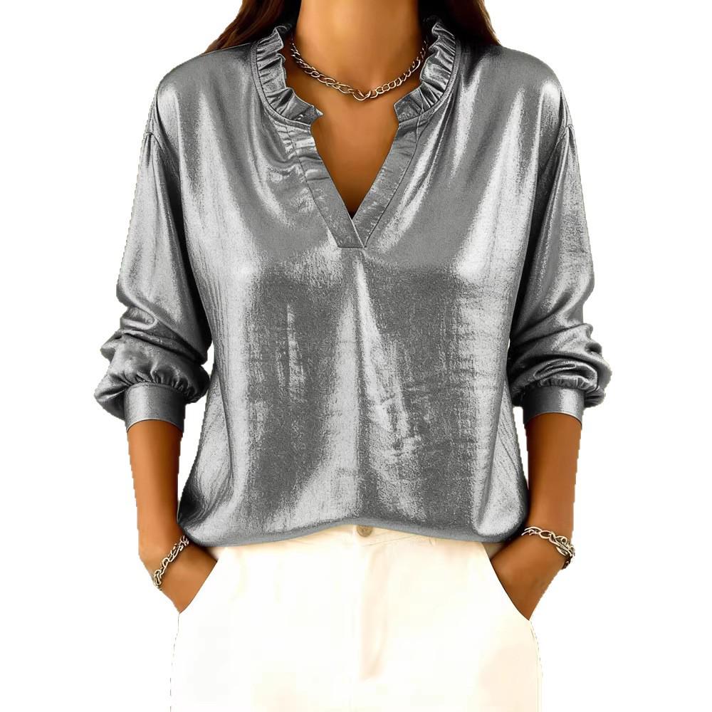 European & American Women's Ruffle Stand Collar Long Sleeve Top