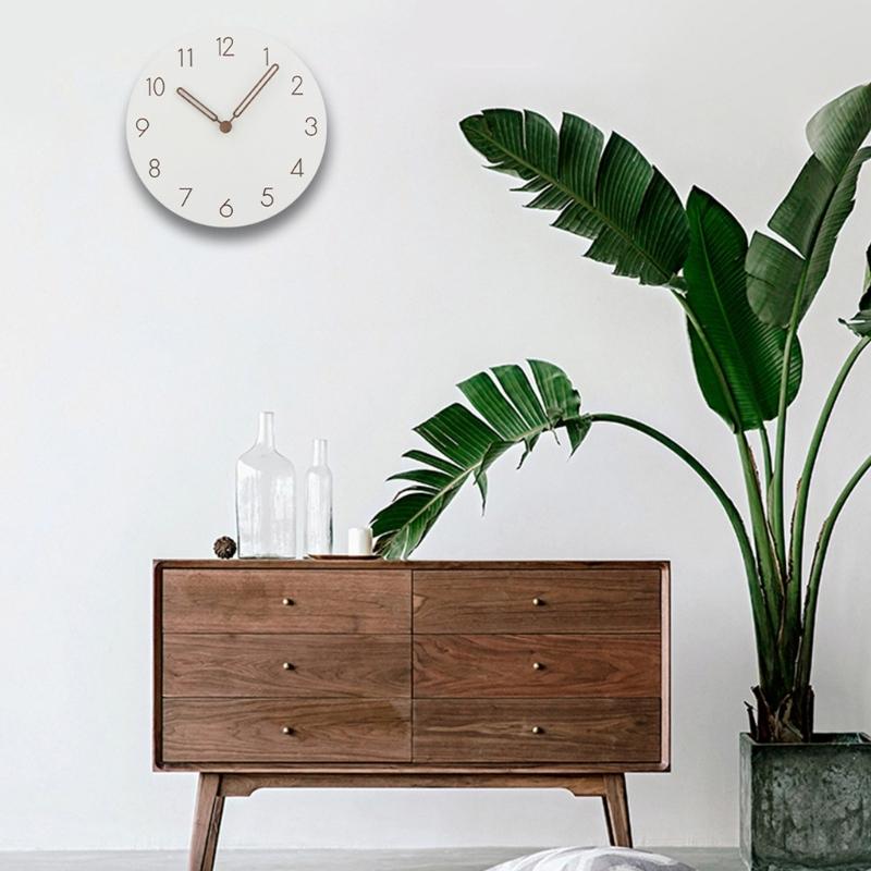 Modern 12Inch Decorative White Wooden Wall Clock Battery Operated Quiet Quartzs Movement for Living Room Bedroom Office
