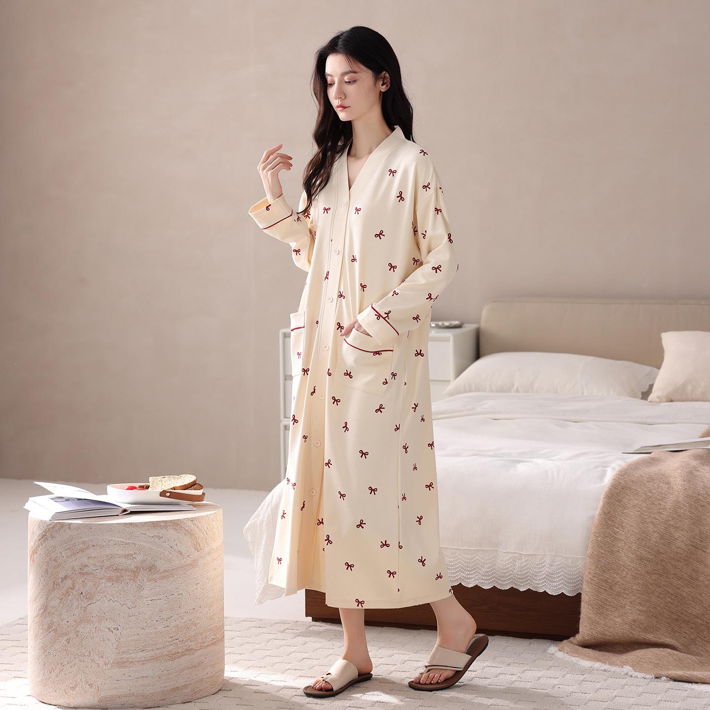 

Женская ночная сорочка из чистого хлопка, кардиган с длинными рукавами, рубашка, юбка, милая и нежная длинная пижама, можно носить как домашнюю одежду M