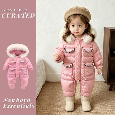 Traje de Nieve con Capucha de Plumón de Invierno para Bebés Niñas Mono de una Pieza Grueso Cálido Mono con Capucha Desde Recién Nacido Hasta Niño Pequeño 66-100cm