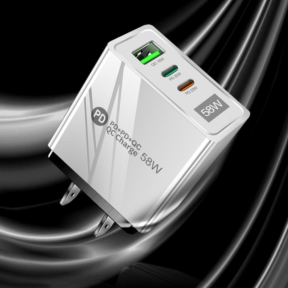 58W Dual Fast Charger with 2PD+QC3.0, Compatible with EU/US/UK Plugs.