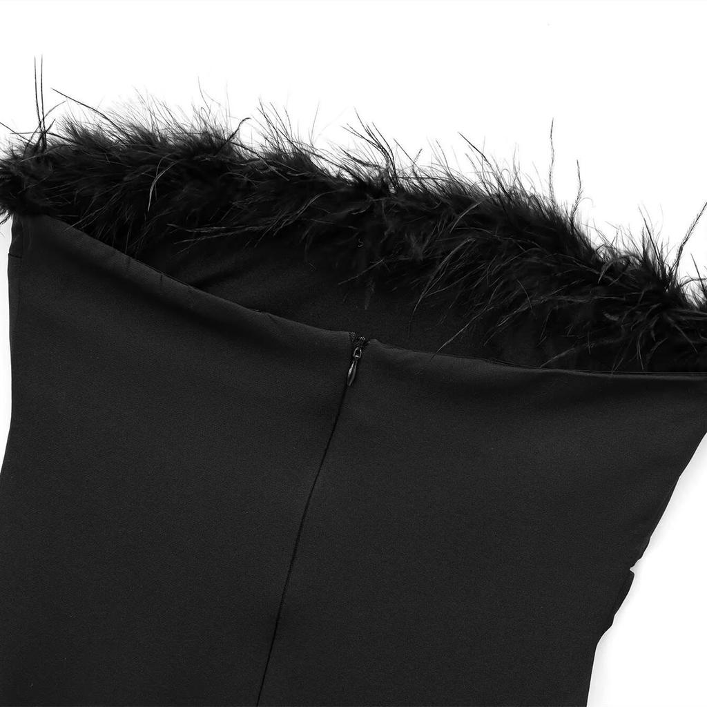 Spring 2025 Women's Feather-Trimmed One-Shoulder Ruched Strapless Dress