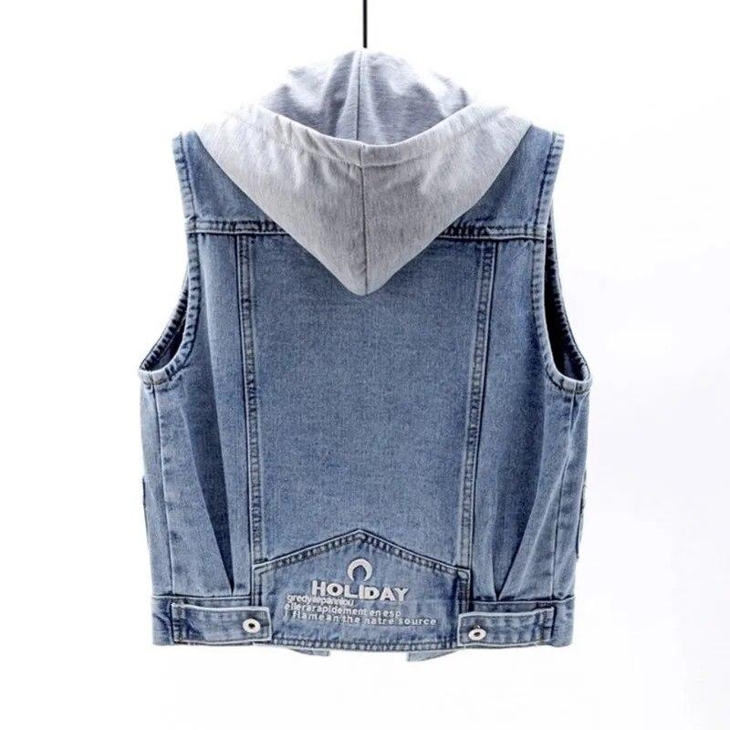 Denim Vest Women's Spring Autumn Clothes Sleeveless Wild Tops Short Hooded Jacket Women Denim Jeans Vest Jacket Female