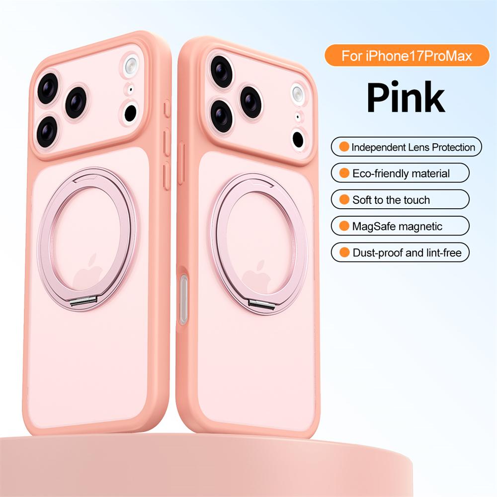 Magnetic 360°Rotation Stand TPU Case For iPhone 17 Air 16 15 14 13 Pro Max With Ring Holder Frosted Transparent PC Matte Cover