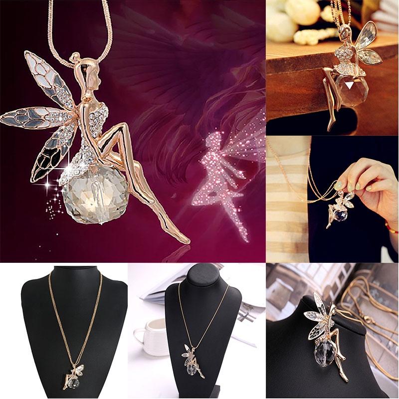 Elegant Fashion Women Crystal Fairy Angel Wing Pendant Long Chain Necklace Gift