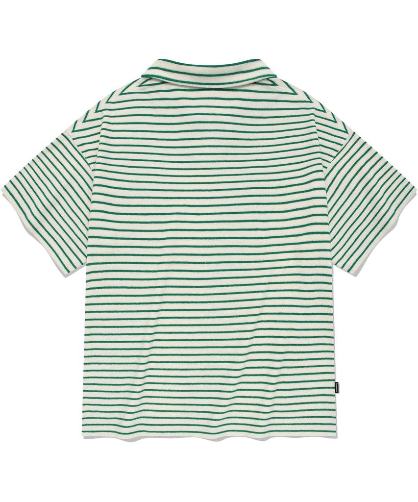 COVERNAT Terry Stripe Open Collar T-Shirt Green