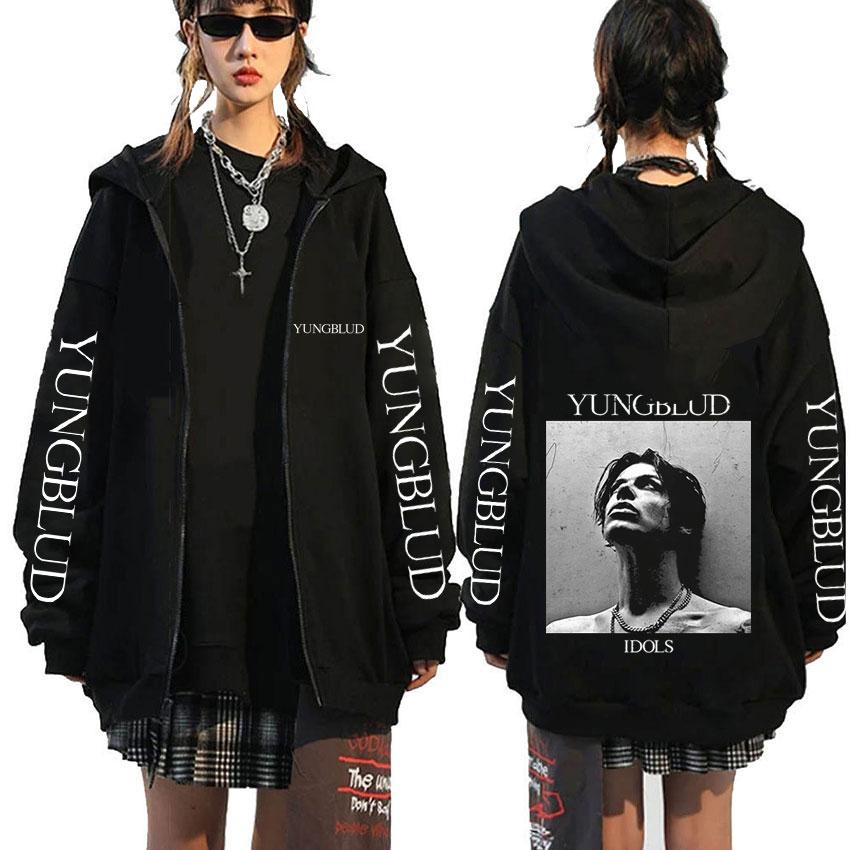 Singer Yungblud Black Hearts Club Zipper Hoodie Male Fleece Cotton Zip Up Hoodies Men Women Rock Vintage Oversized Zip Up Jacket