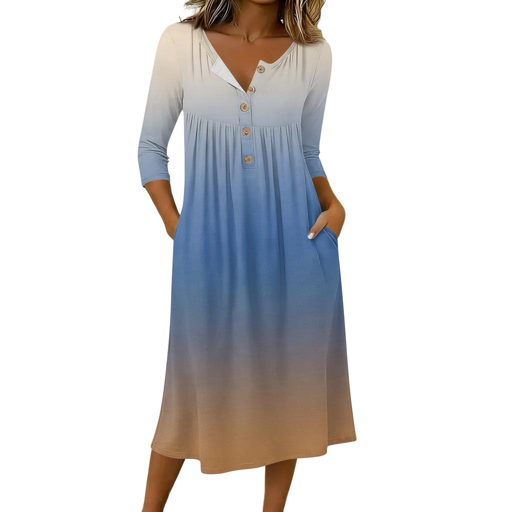 Women's Fashionable Color Printed Round Neck 3/4 Sleeve Button Collar Mid Length Casual Dress