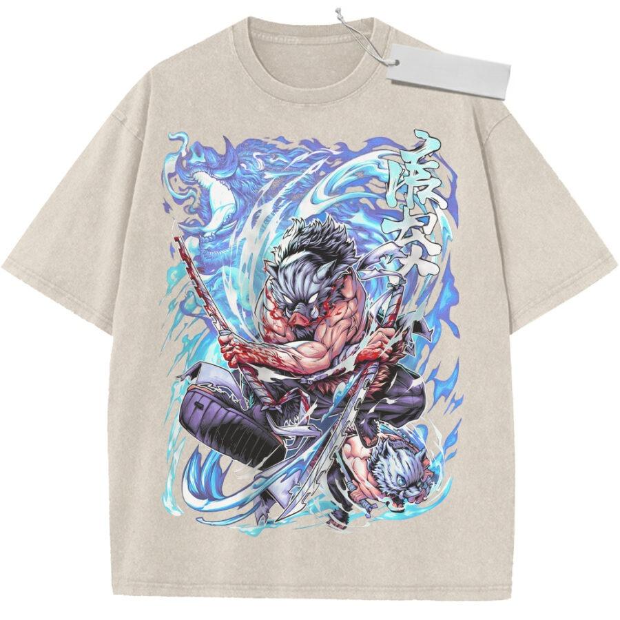 Summer Mens Beige Washed T Shirt Demon Slayer Hashibira Inosuke Boar Head Blue Dragon High Quality Fabric for Casual M