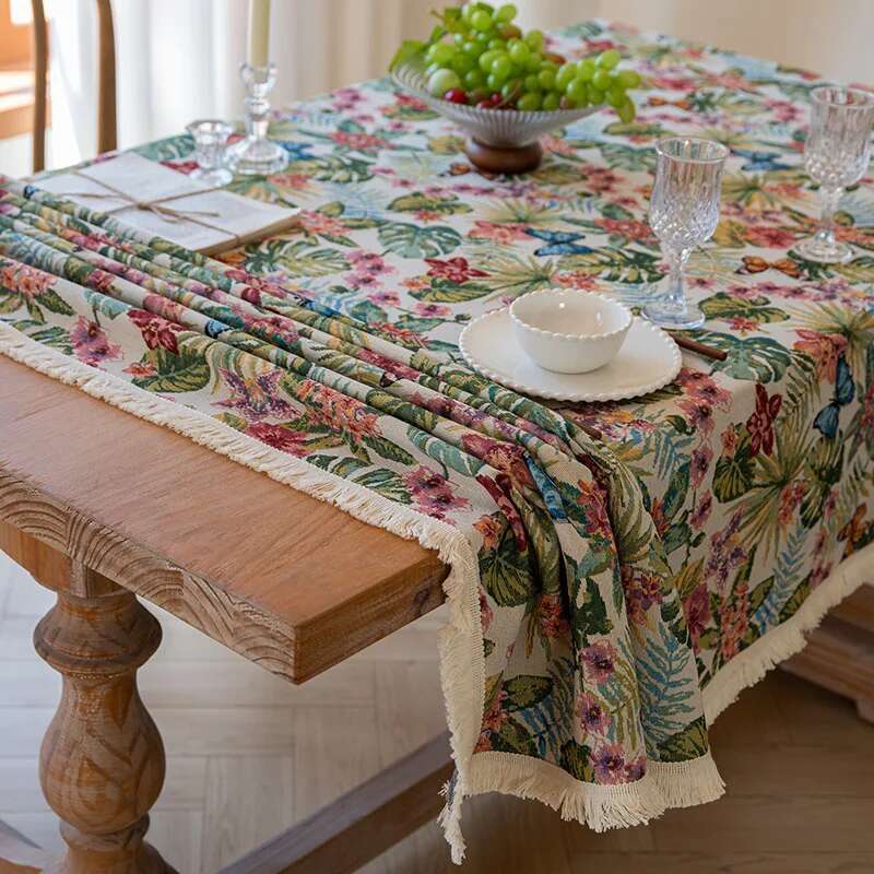High End Home Floral Countryside Cotton Linen Fabric Tablecloth Rectangular Dining Table Cloth Decorative Cloth