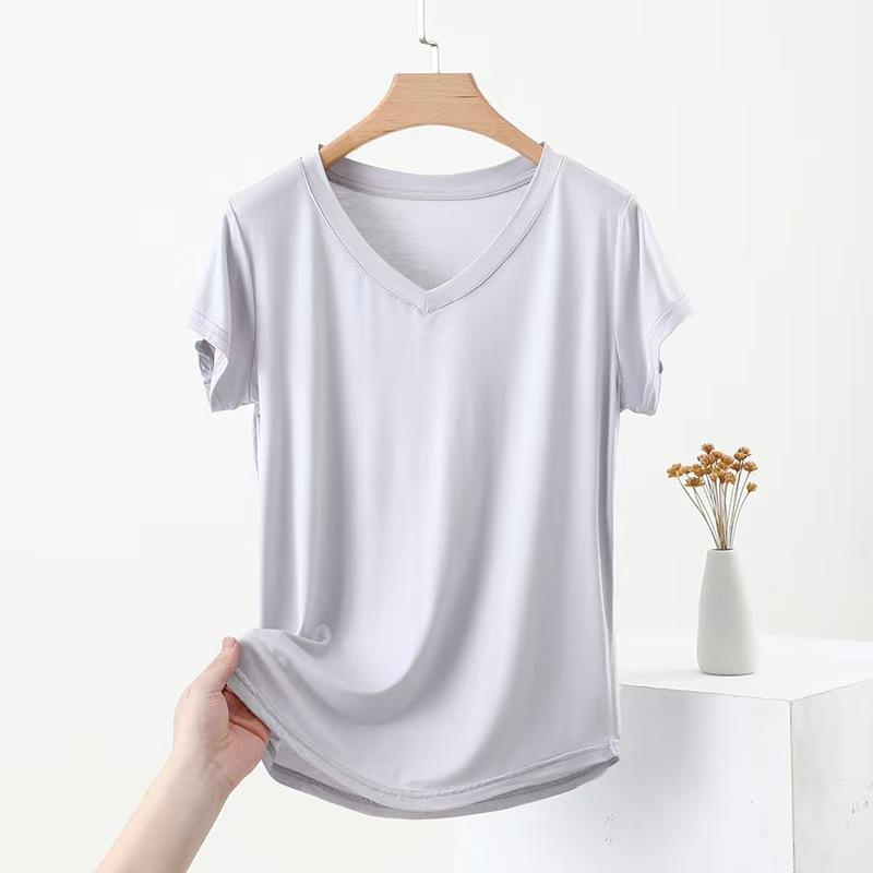 

Женская свободная модальная футболка, летняя однотонная футболка с V-образным вырезом и коротким рукавом для женщин XXL (recommended 140-80kg)