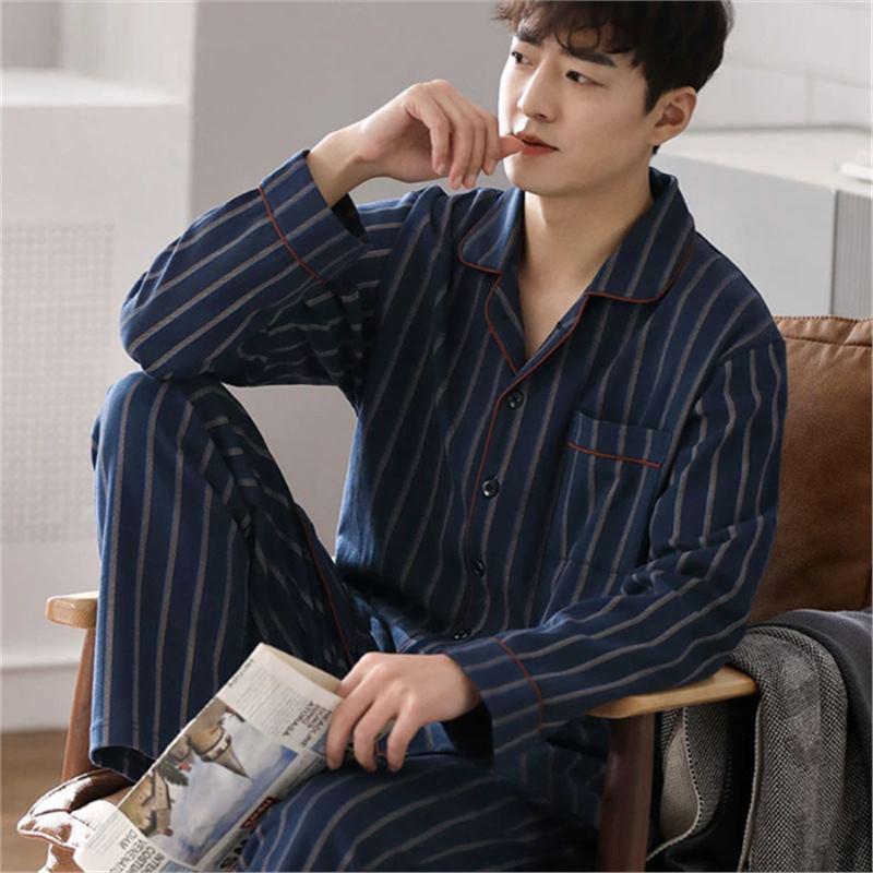 Men's Korean Style Cotton Cardigan Pajama Set - Long Sleeve & Pants for Spring & Autumn, Wearable Outdoors