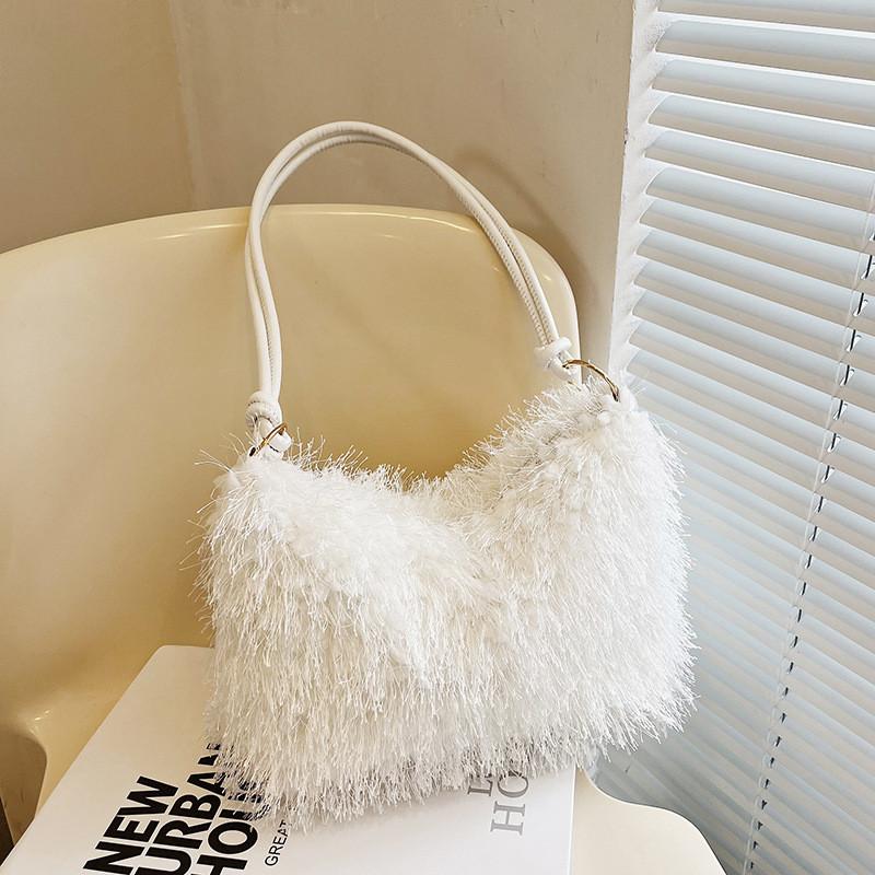 Chic Vintage Plush Handbag For Women Stylish Simple Shoulder Bag In Black White Pink