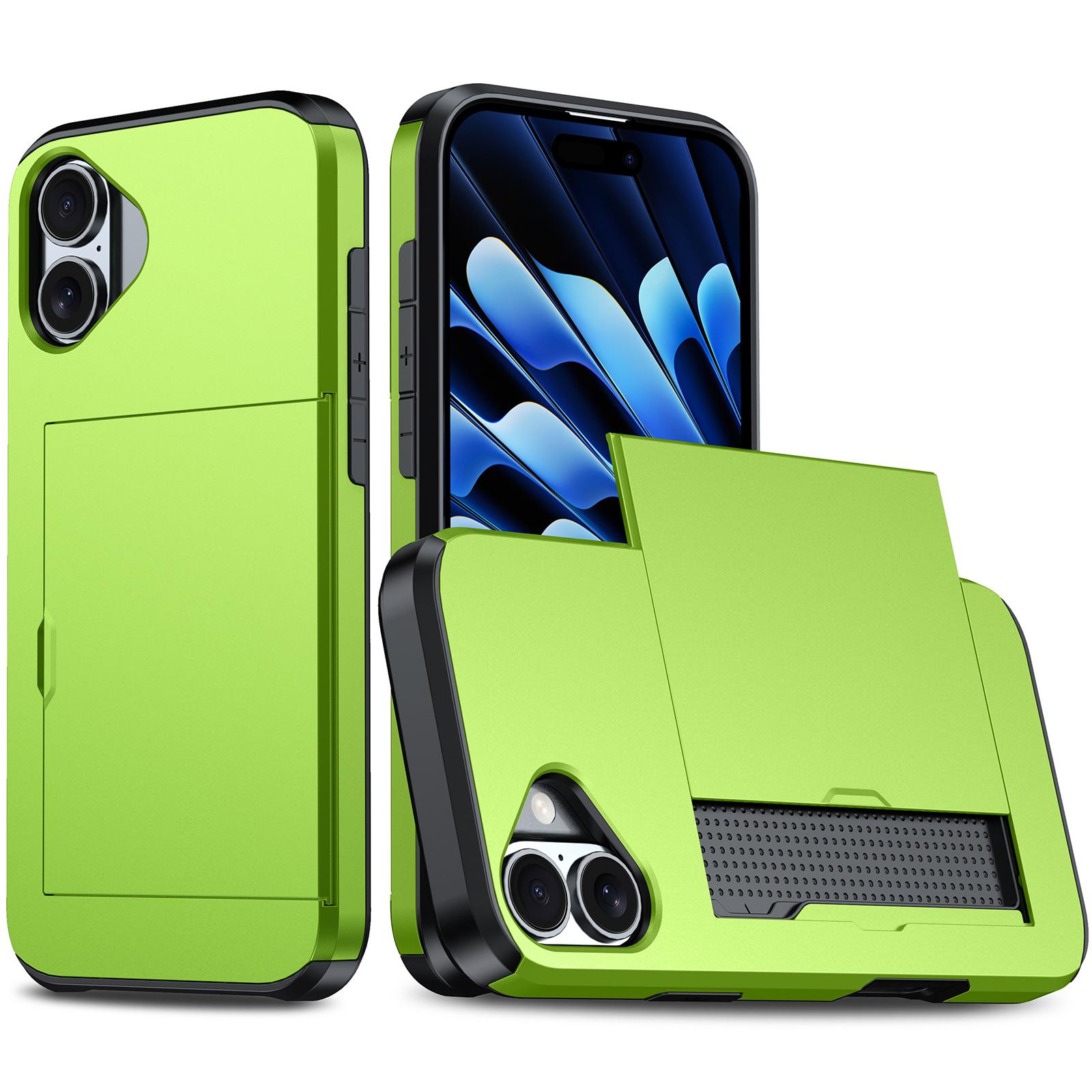 

For iPhone 16 Plus Case with Card Holder TPU+PC Phone Cover Dual Layer Shockproof Green
