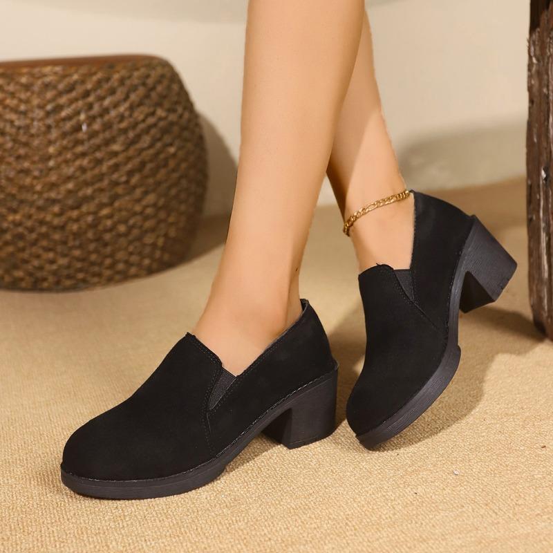 2024 Hot Selling Spring and Autumn Women's Shoes Fashionable Round Toe Solid Color Suede Medium Heel Slip-On Women's High Heels