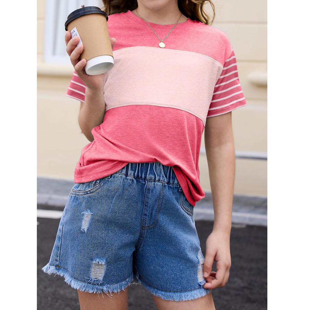 Girls Summer Shirts Short Sleeve Color Block Tops