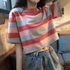 Summer New Style Women's Loose Rainbow-striped Short-sleeved T-shirt, Student Short Style, See-through Casual Versatile Top