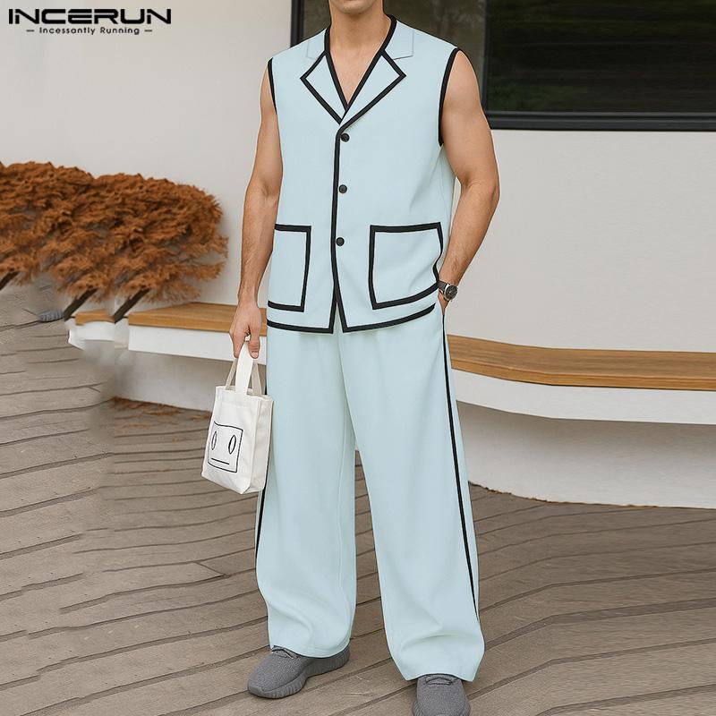 INCERUN 2PCS Men Sets Sleeveless Waistcoat and Long Straight Stitching Pants Outfits