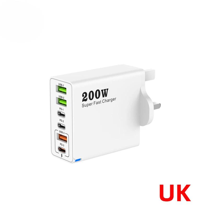 

200 Вт Супербыстрая зарядка 6 портов USB C Зарядное устройство PD3.0 USB C Type C Зарядное устройство для мобильного телефона для iPhone 16 Samsung Xiaomi ipad Phone UK Plug белый