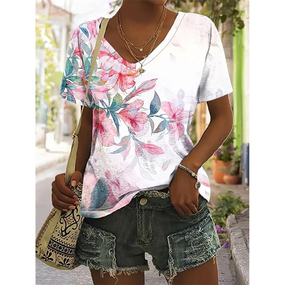 

Summer Women s T-shirt Floral Graphic Plant Retro Tropical Hawaiian Casual V-neck Short Sleeve 6XL