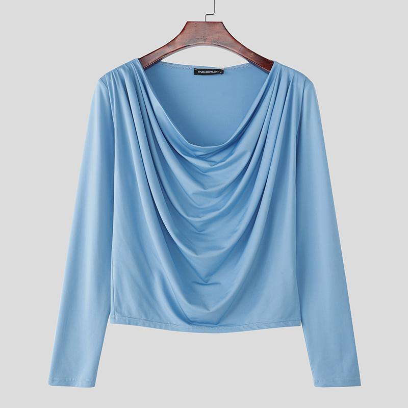 

INCERUN Men Swing Collar Long Sleeve Solid Color Fitted Cropped Casual T-shirts Undershirts 3XL