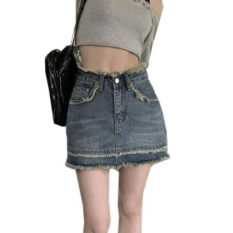 Unique Classic Versatile Youthful Raw Edge Halter Skirt Day High Waist A-line Package Hip Skirt Vintage Ultra Ladies Summer Fashion Denim Short Skirt