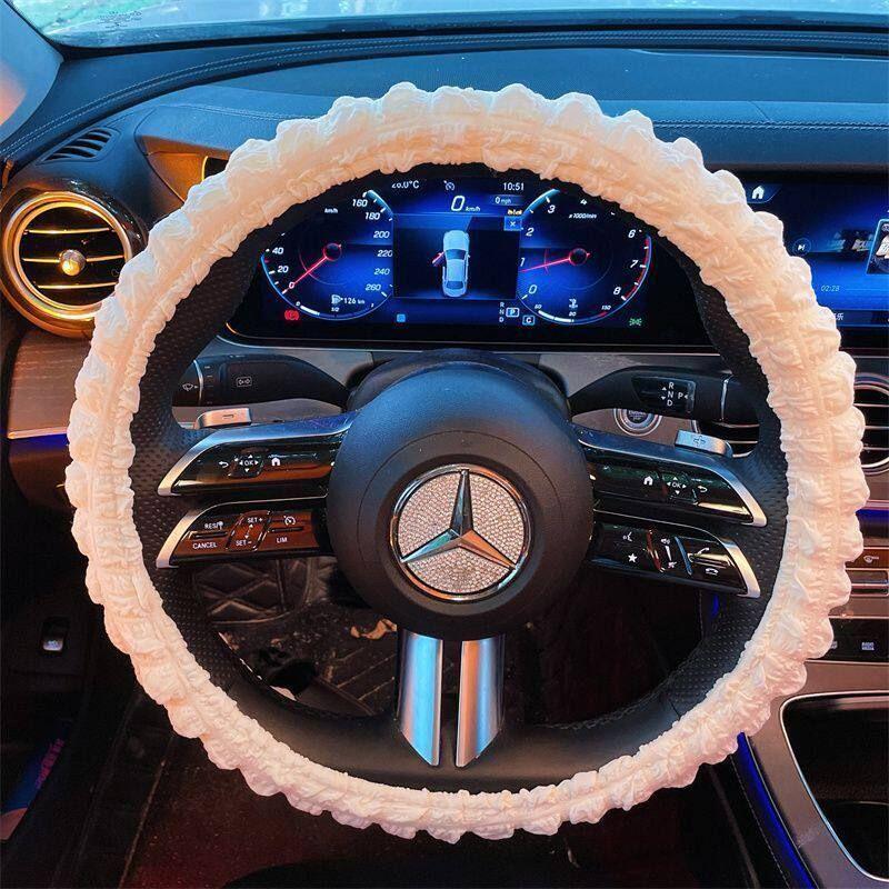 

Dopamine Summer Car Steering Wheel Cover, Cute Pink Non-Slip Sweat-Absorbent Car Handle Cover for Women, Suitable for All Seasons, Decorative Cover Puff White Steering Wheel Cover