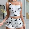 Women's Lace Trim Cami Pajama Set 2 Piece Ribbed Crop Top And Shorts Pjs Sets Heart Print Summer Casual Sleepwear