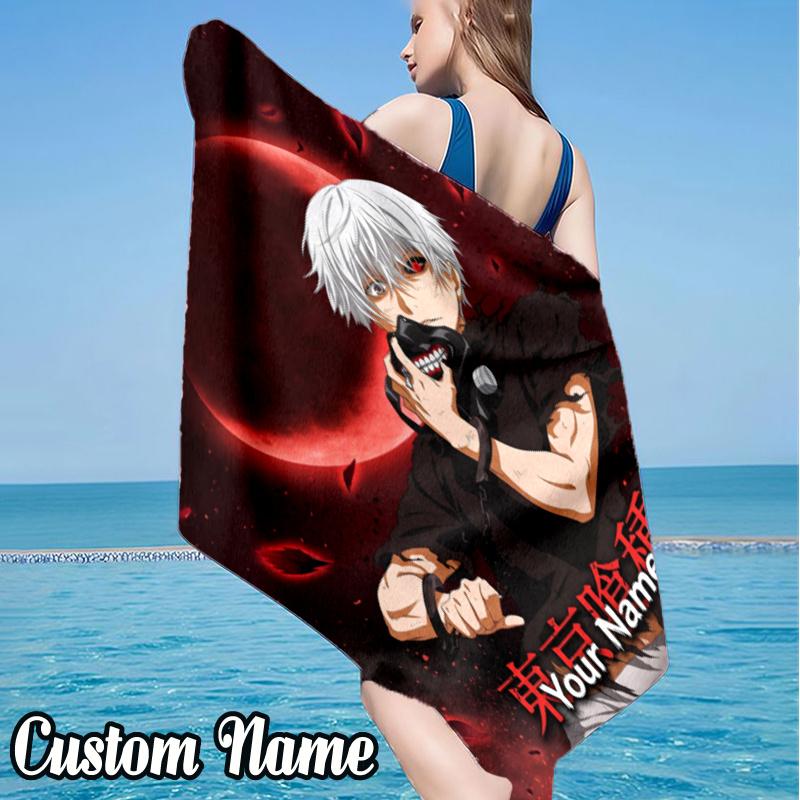 Custom Name Kaneki Ken Beach Towel - Soft, Ultra-Absorbent Microfiber, Lightweight, Perfect for Beach, Parties, Travel, Camping
