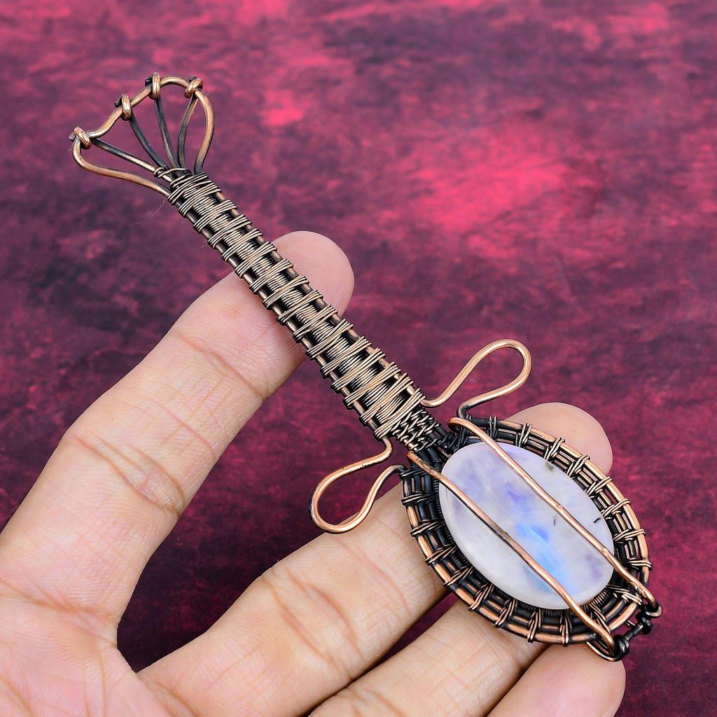 Rainbow Moonstone Pendant Copper Wire Wrapped Gemstone Jewelry Guitar Pendant