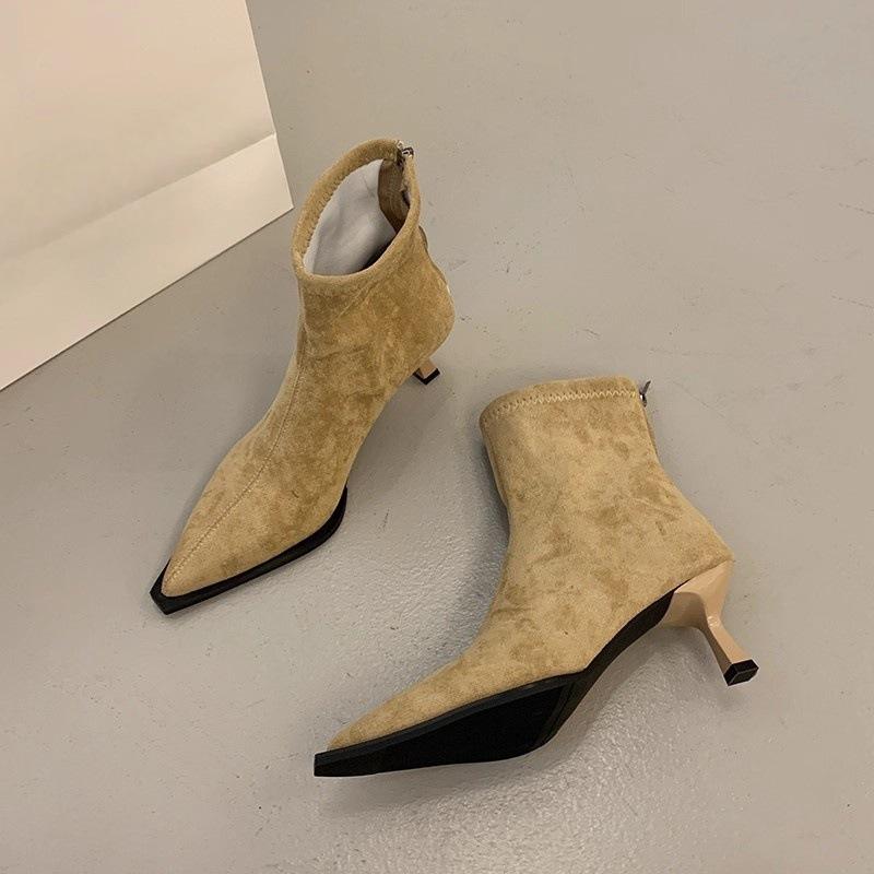 French high-heeled pointed suede khaki short boots women's new autumn and winter boots Korean small naked boots