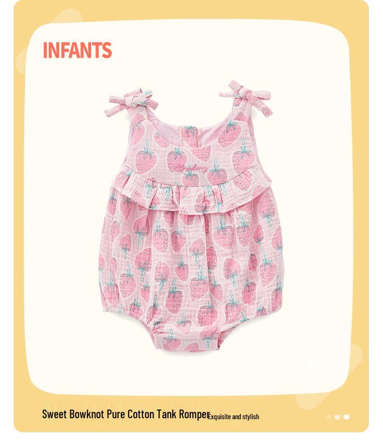 2025 Sommer Neugeborenes Erdbeer-Baumwoll-Strampelhöschen - Ärmellos, Spaghettiträger, Druckknopfverschluss im Schritt