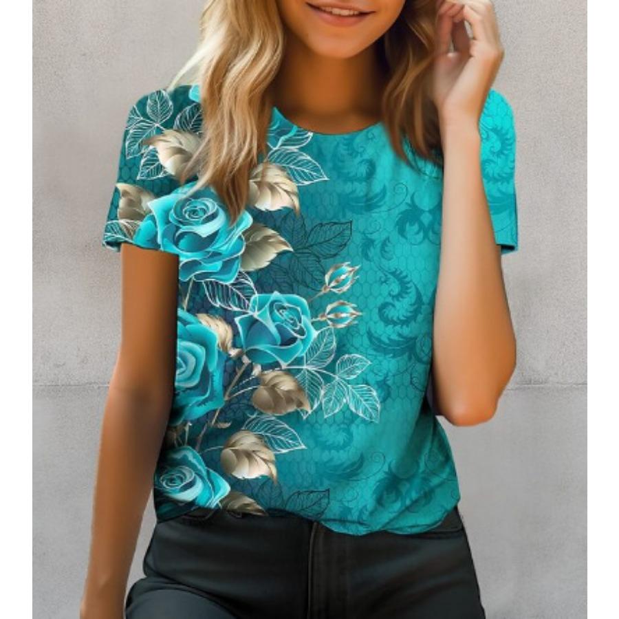 

Футболка с цветочным 3D принтом, летняя женская одежда, топы с круглым вырезом, повседневные футболки с короткими рукавами 3XL