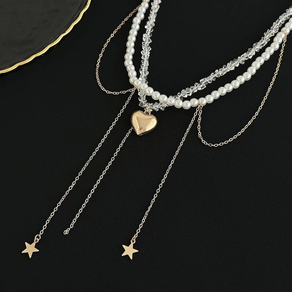 SHIXIN Elegant Imitation Pearls Crystal Beaded Chokers Necklace for Women Vintage Love Heart Pendant Necklace Y2K Accessories