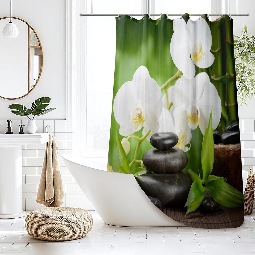 Zen Spa Shower Curtain Black Basalt Zen Stones Japanese Flowers Bamboo Leaves Spiritual Meditation Shower Curtain for Bathroom