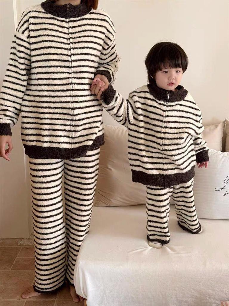Kids' Coral Fleece Pajamas: Striped Zipper Parent-Child Set for Autumn and Winter