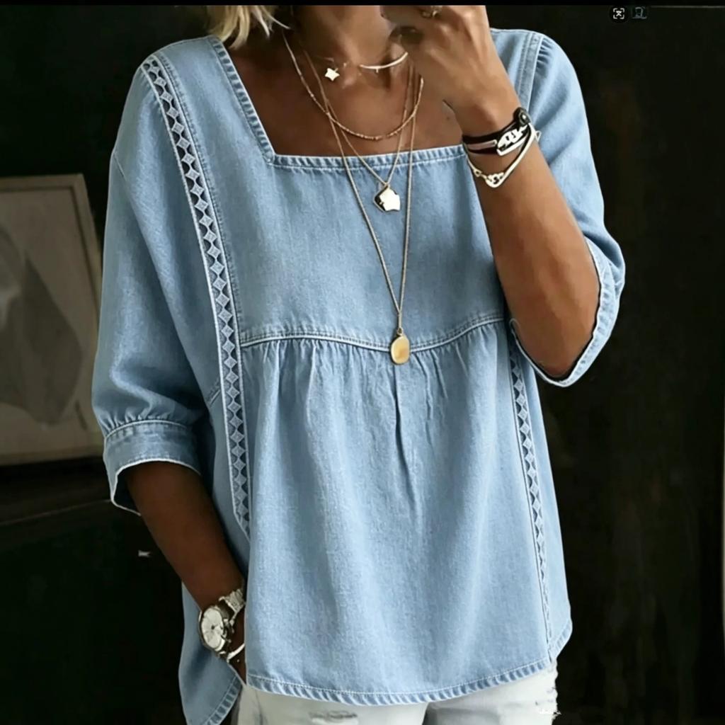 Women Denim Shirt Square Neck 3/4 Sleeve Blue Casual Top