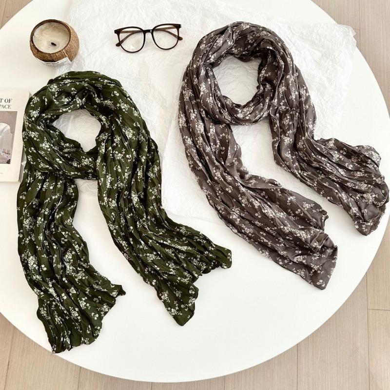 Scarf autumn and winter new floral retro pleated silk scarf neck protection warm scarf twist braid scarf shawl
