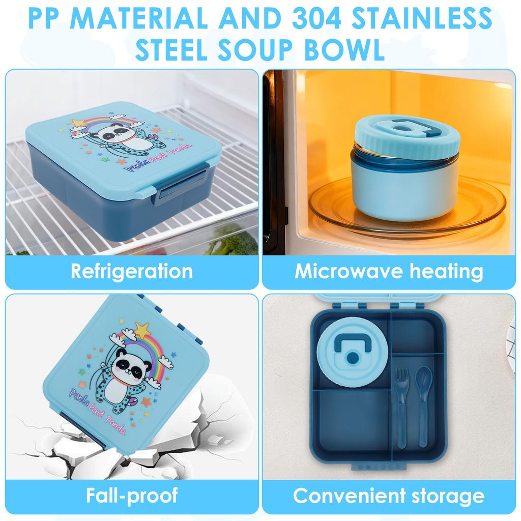 Stainless Steel Four Compartment Lunch Box Outdoor Lunch Box with Soup Bowl Knife and Fork Suitable for Children and Students