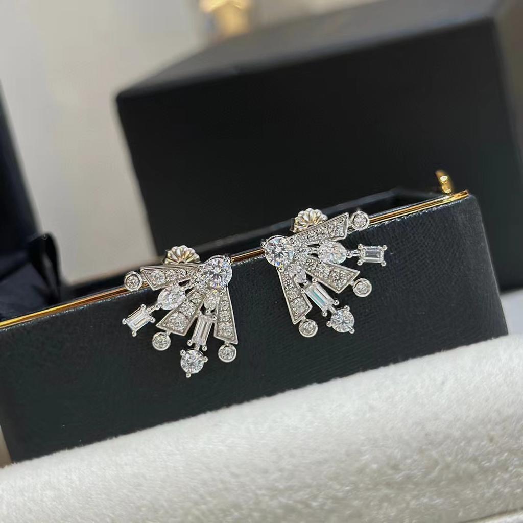 New Vintage 100% Pure 925 Sterling Silver Earrings Pave Aaa Zircconia Fan Shape Ear Stud For Women Luxury Fine Jewelry