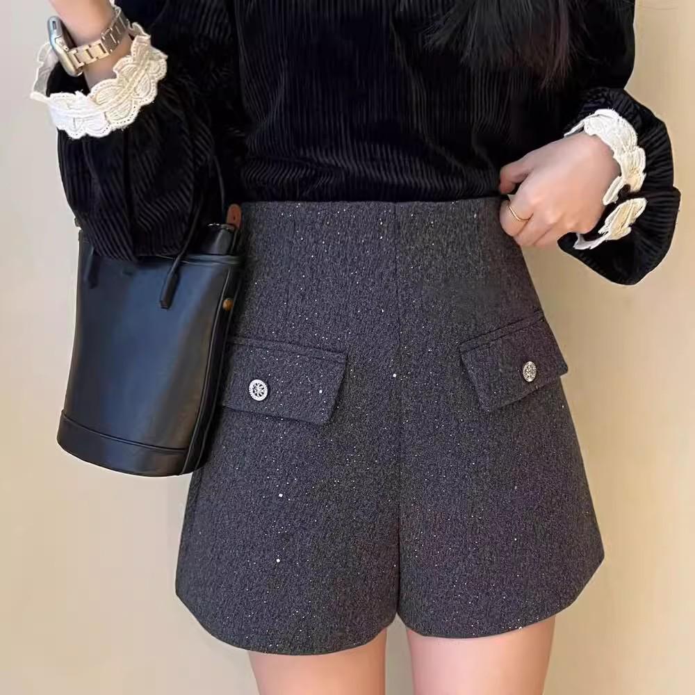 Women's High-Waisted Woolen Shorts - 2026 Autumn & Winter A-Line Wide-Leg Sequin Bootcut Pants