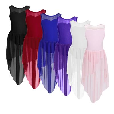 Robe justaucorps de danse moderne lyrique pour enfants filles, sans manches, épissure en Tulle, dos ouvert, ourlet haut et bas