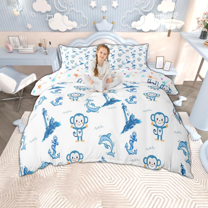 Homewish Cartoon Monkey Duvet Cover Set For Kids Woodland Wildlife Quilt Cover Set Cute Animal Bedding Set EU Single(135*200cm)3pcs