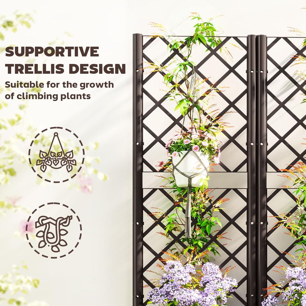Raised Garden Bed with Trellis, Plastic Planter Box with Drainage Holes, Drain Plugs and Water Reservoirs for Climbing Plants, Vegetables, Flowers