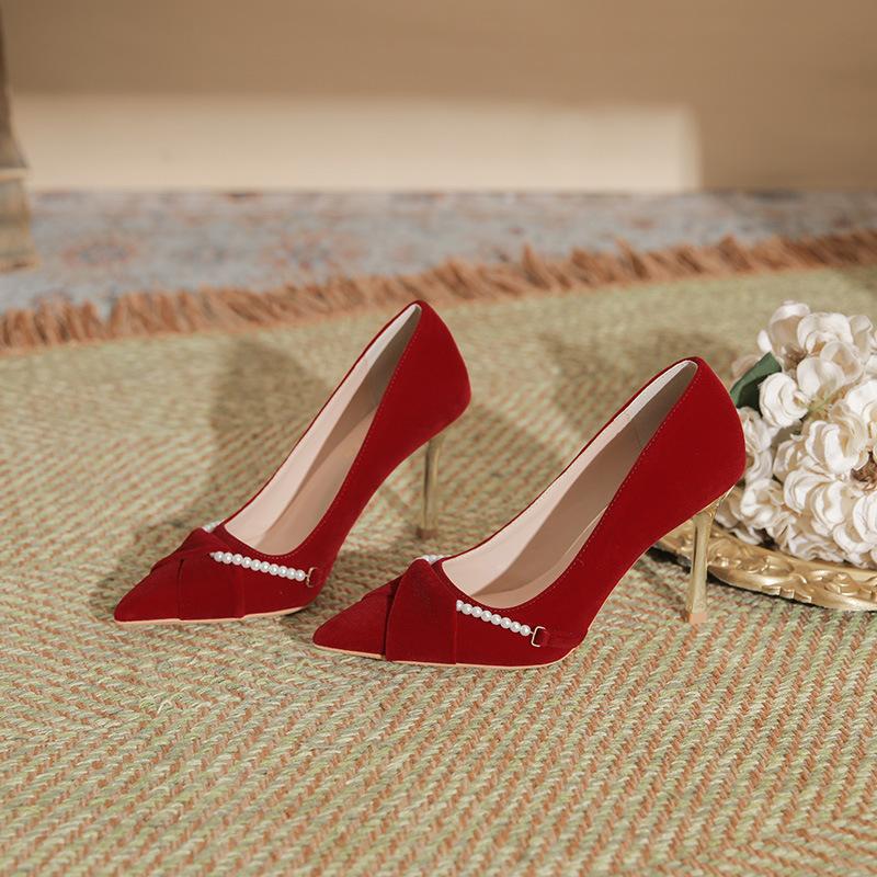 Bride and Bridesmaid Wedding Wedding Thin Heel Pointed High Heels Women's Suede Red Pearl Buckle Single Shoes Women