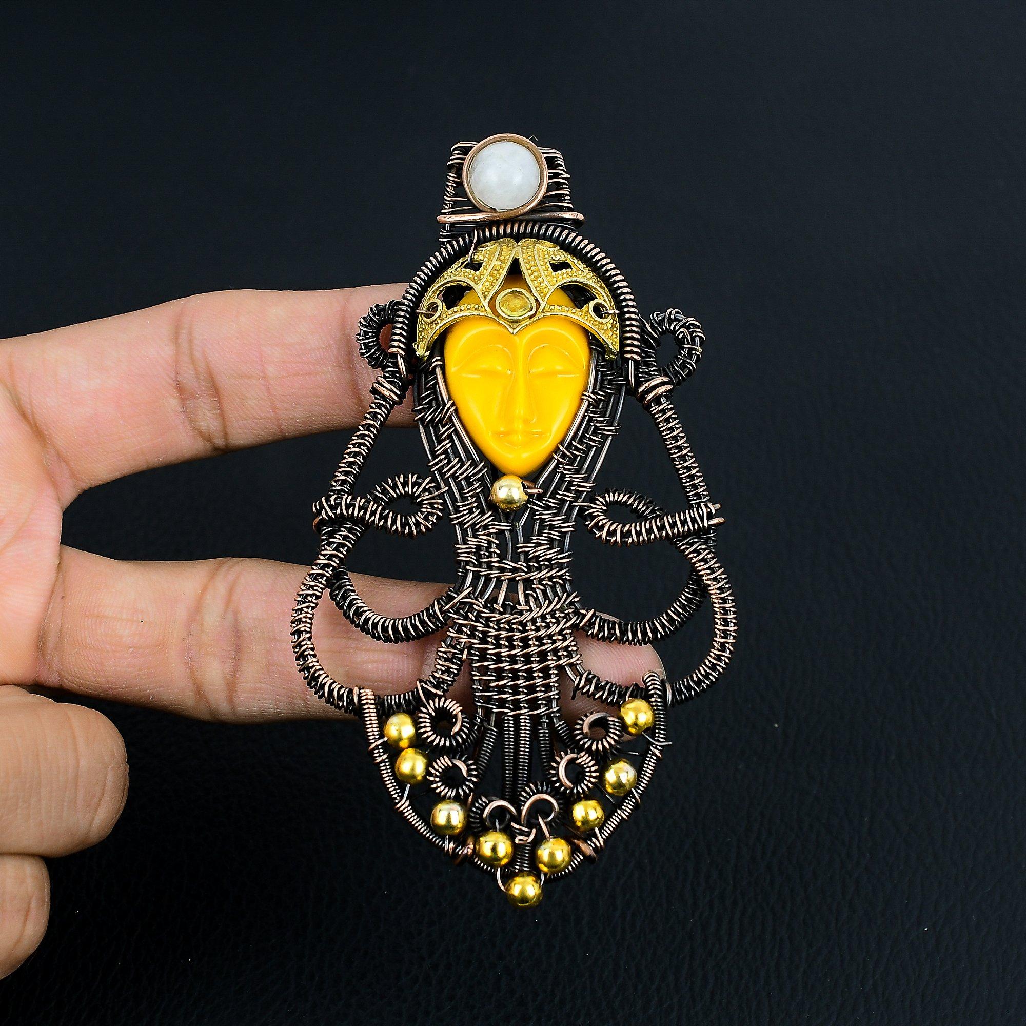 

Carved Yellow Face & Moonstone Jewelry, 999 Copper Wire Wrapped Pendant Handmade Gemstone Jewelry, Gifts For Wife Brand New Pendant 2.55 Inches